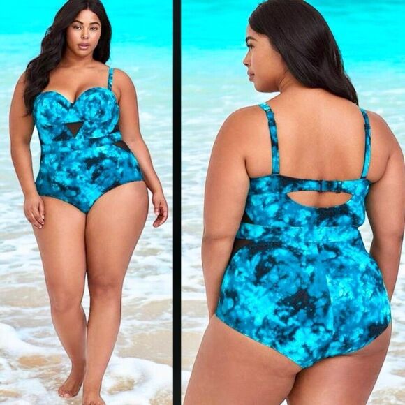 Torrid Teal Tie-Dye Mesh Inset One-Piece Swimsuit Size 3 3XL - Picture 2 of 15